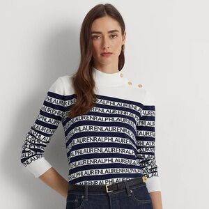 Lauren Ralph Lauren Striped Cotton-Blend Mockneck Sweater navy brass buttons
